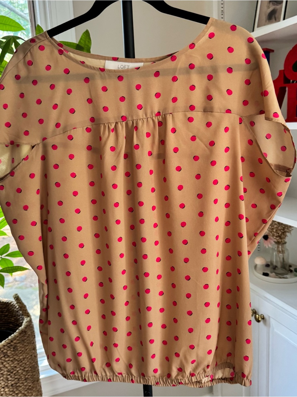 LOFT Tan and Hot Pink Polka Dot Bubble Hem Blouse, Size